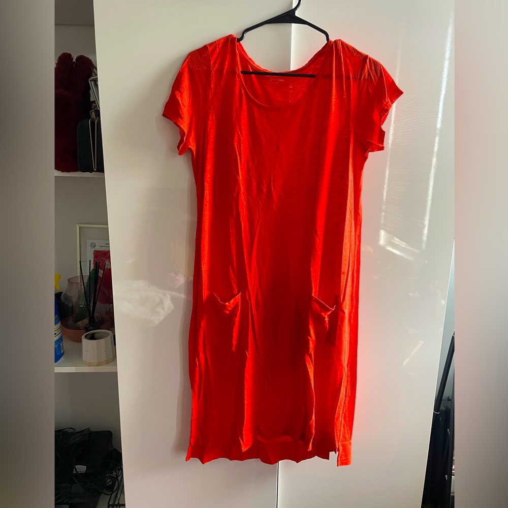 Eileen Fisher red orange linen hemp casual shift dress